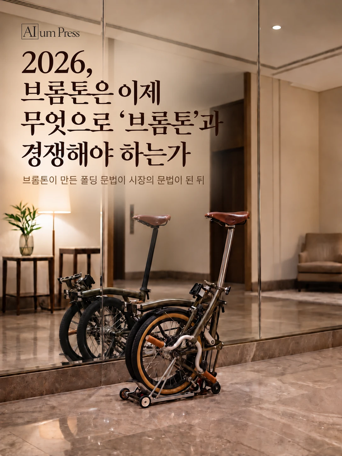 고급 실내 공간의 거울 앞에 접힌 브롬톤이 단독으로 서 있고, AIum Press 표지 타이포그래피가 함께 배치된 커버.